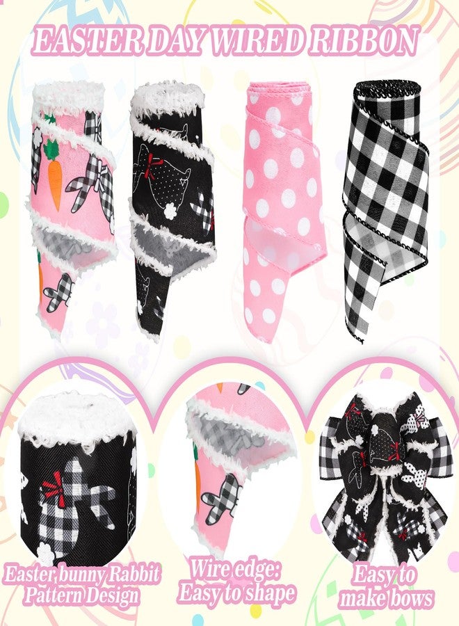 وولاين شريط سلكي لعيد الفصح من والين، عرض 2.5 بوصة، بنقشة أرنب ريفية، مصنوع من قماش مزخرف بنقوش مربعة باللونين الوردي والأسود، بحافة سلكية، مثالي لتغليف هدايا الربيع، وصنع أكاليل الزهور، وتزيين الحفلات، بطول 24 ياردة، موزعة على 4 لفات. - Image 3